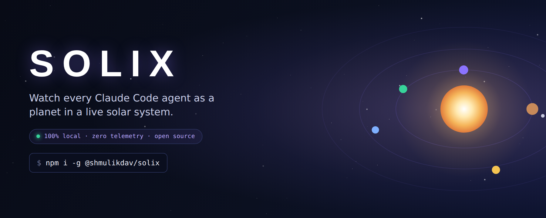 The Solix galaxy — every running Claude Code agent as a planet orbiting a sun, with a pending permission flaring red.